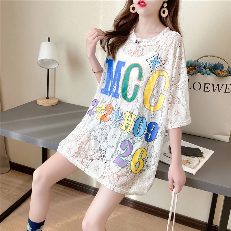 A real photo of a fresh and semi-transparent flower-patterned short-sleeved T-shirt for women in 2022 summer. A very ethereal Korean-style base layer pic 8