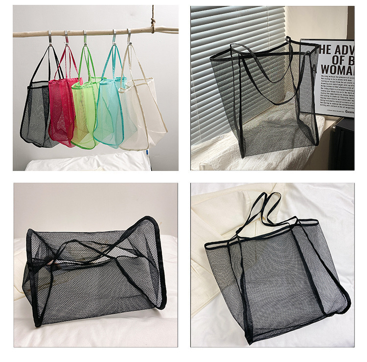 2024夏季新款购物袋纱网透明时尚单肩网纱沙滩包大容量网眼托特包详情48