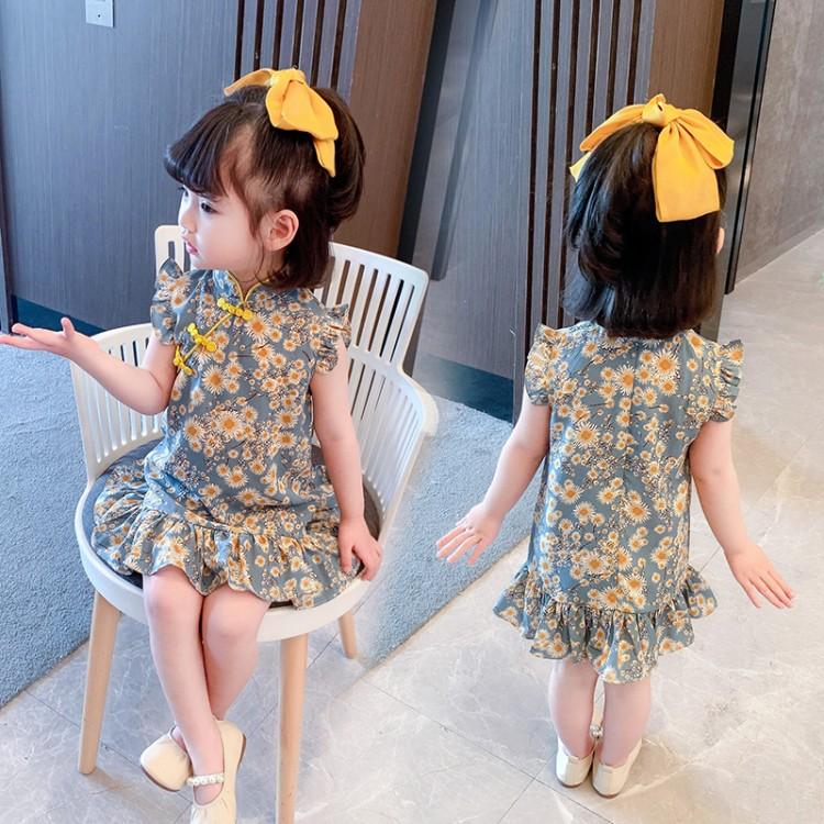 女宝宝改良旗袍连衣裙夏装儿童中国风短袖公主裙小童碎花裙子详情3