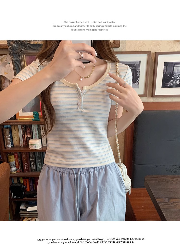 蓝白条纹短袖正肩女t恤春夏2025新款chic小众设计感修身短款上衣详情14