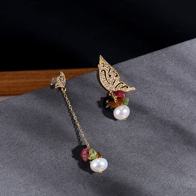 Rainbow Micro Light Retro Series 14k gold-plated Earrings for Women, Natural Tourmaline Pearl Butterfly Asymmetrical Retro Earrings pic 8