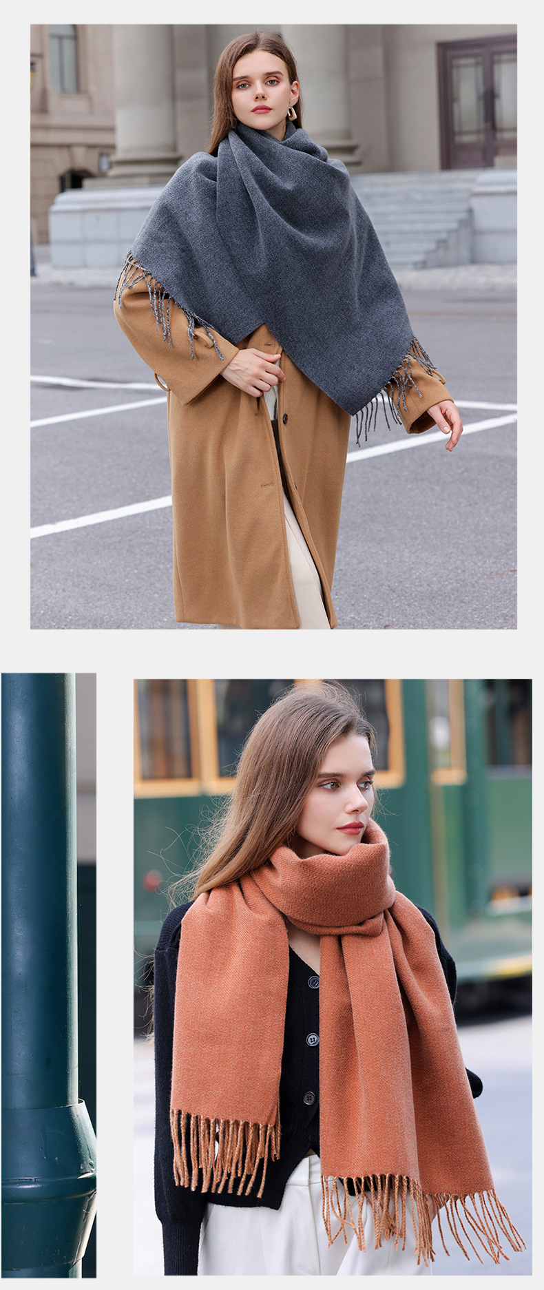 The 2023 new double-sided solid color macaron scarf for women is a bestseller in winter. It is fashionable and warm with faux cashmere tassels. Wholesale pic 13