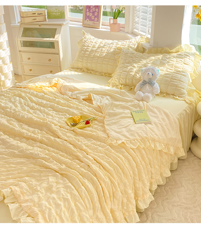Simple style bubble gauze summer quilt four-piece set, high-end solid color washed cotton bed sheet, bed skirt, quilt cover, dormitory three-piece set pic 11