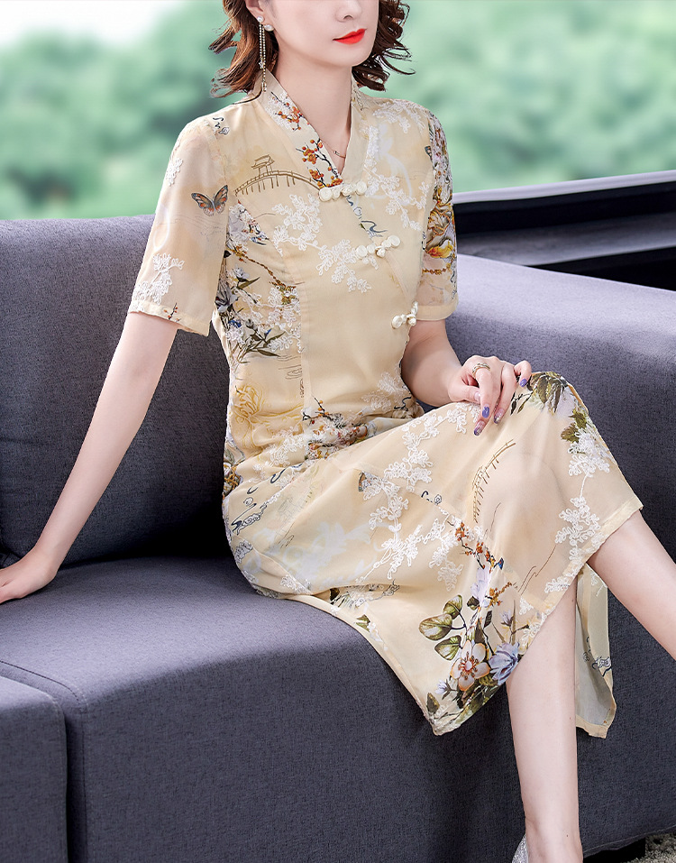 中国风低领改良旗袍女2022新款汉服连衣裙高档收腰显瘦中长款裙子详情13
