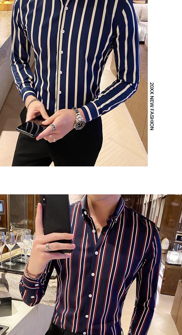 2025春季新款时尚条纹男士长袖衬衫显瘦韩版时尚修身青年帅气衬衣详情13