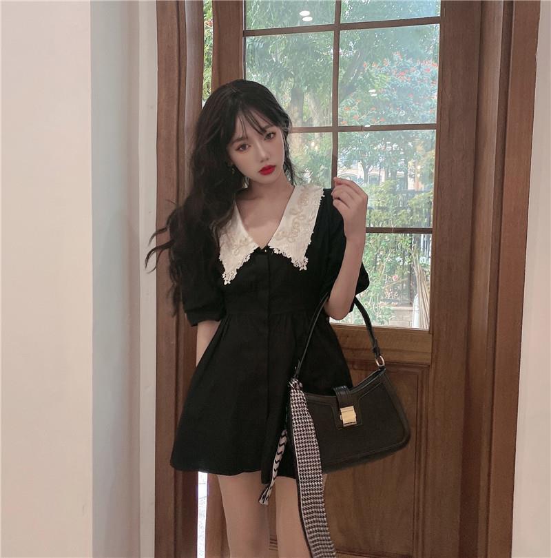 胖妹妹复古撞色娃娃领连衣裙大码小个子轻熟风优雅气质小黑裙女夏详情1