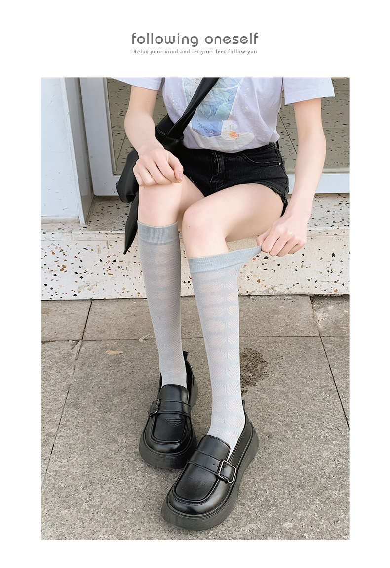 Japanese-style girl jk calf socks, light and thin long socks, ins trend socks, trendy solid color cut-out dark pattern long socks pic 12