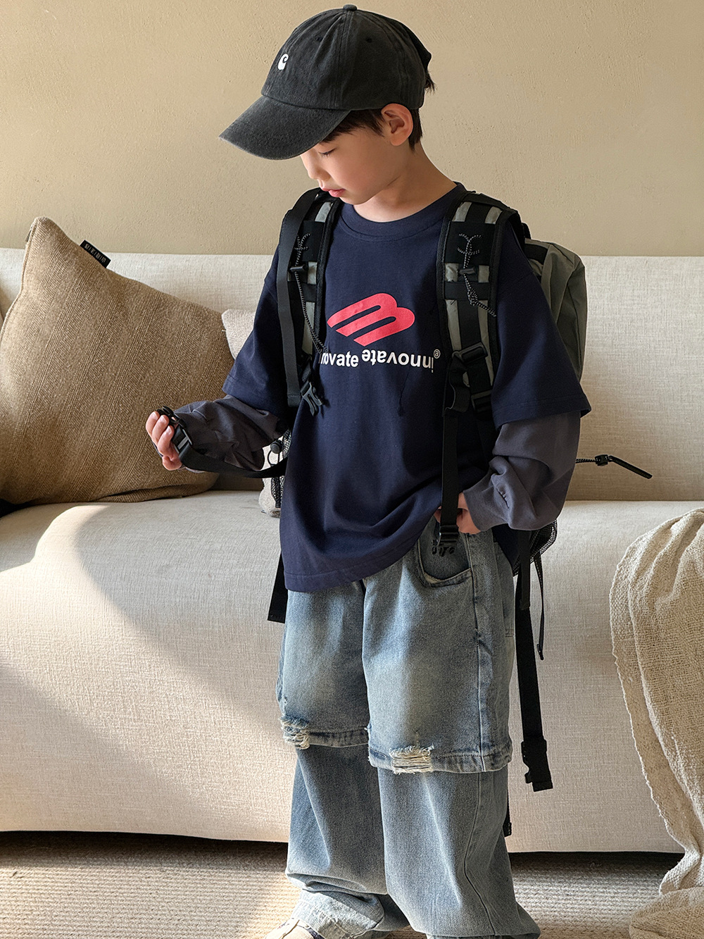 儿童童装2025春秋新款男童假两件上衣百搭韩版T恤洋气卫衣春装潮t详情4