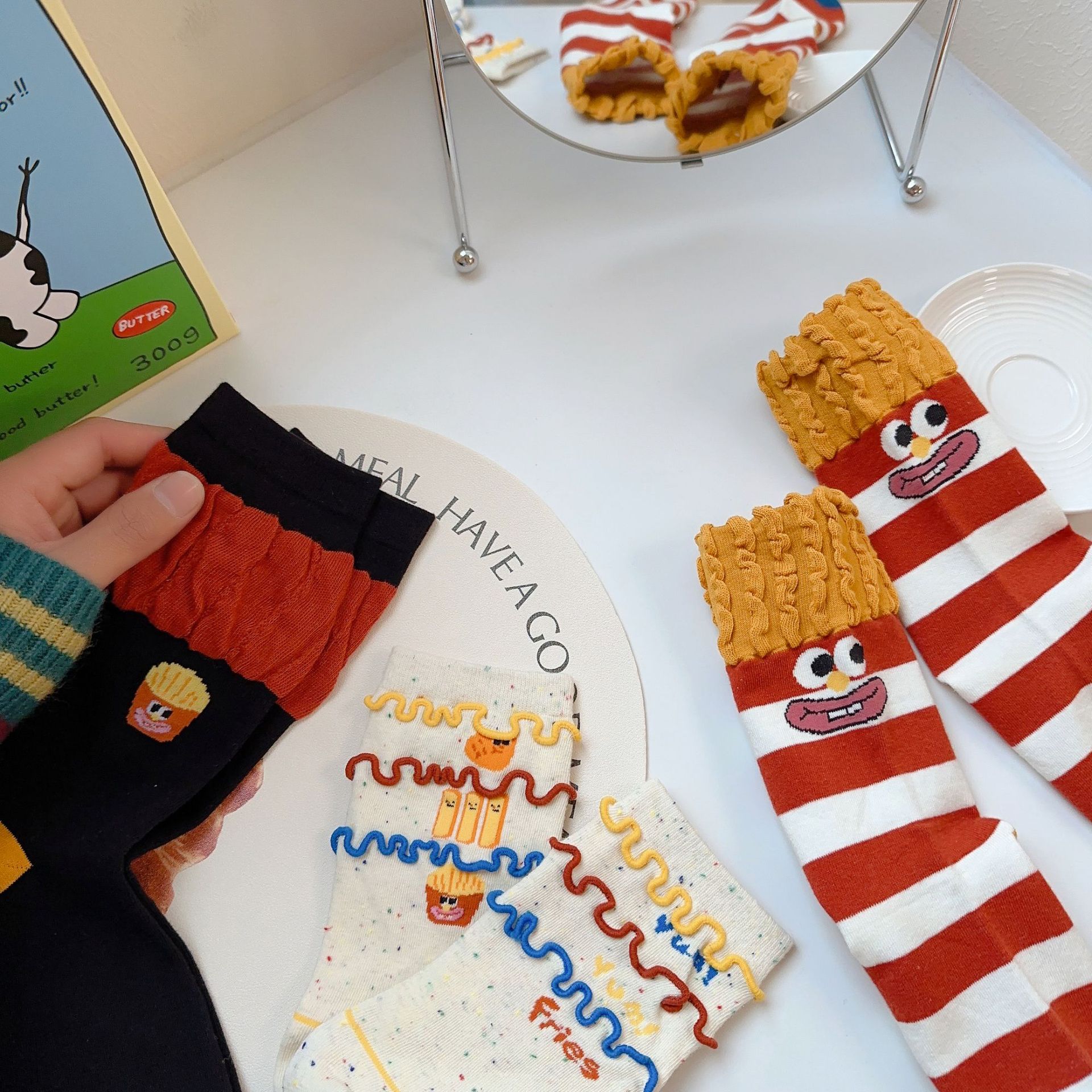 搞怪薯条袜子女春夏新款中筒袜可爱卡通堆堆袜抖音爆款 独立包装详情3