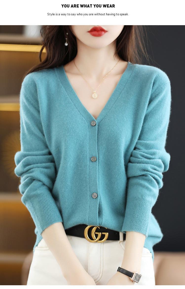 New Spring and autumn knitted cardigan for women, V-neck loose short solid color long-sleeved versatile sweater coat made of wool blend pic 52