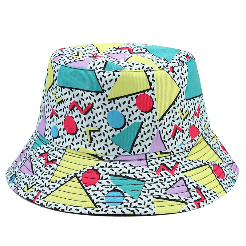 Cross-border Amazon geometric sling-shaped retro fisherman hat, European and American printed double-sided versatile basin hat, outdoor sunshade hat pic 3