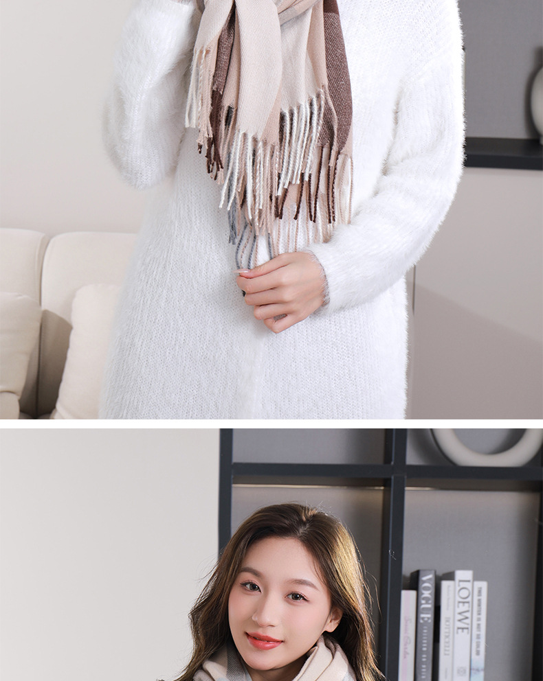 外贸韩版大直条格子围巾秋冬季新款学生百搭仿羊绒流苏围脖女披肩详情19