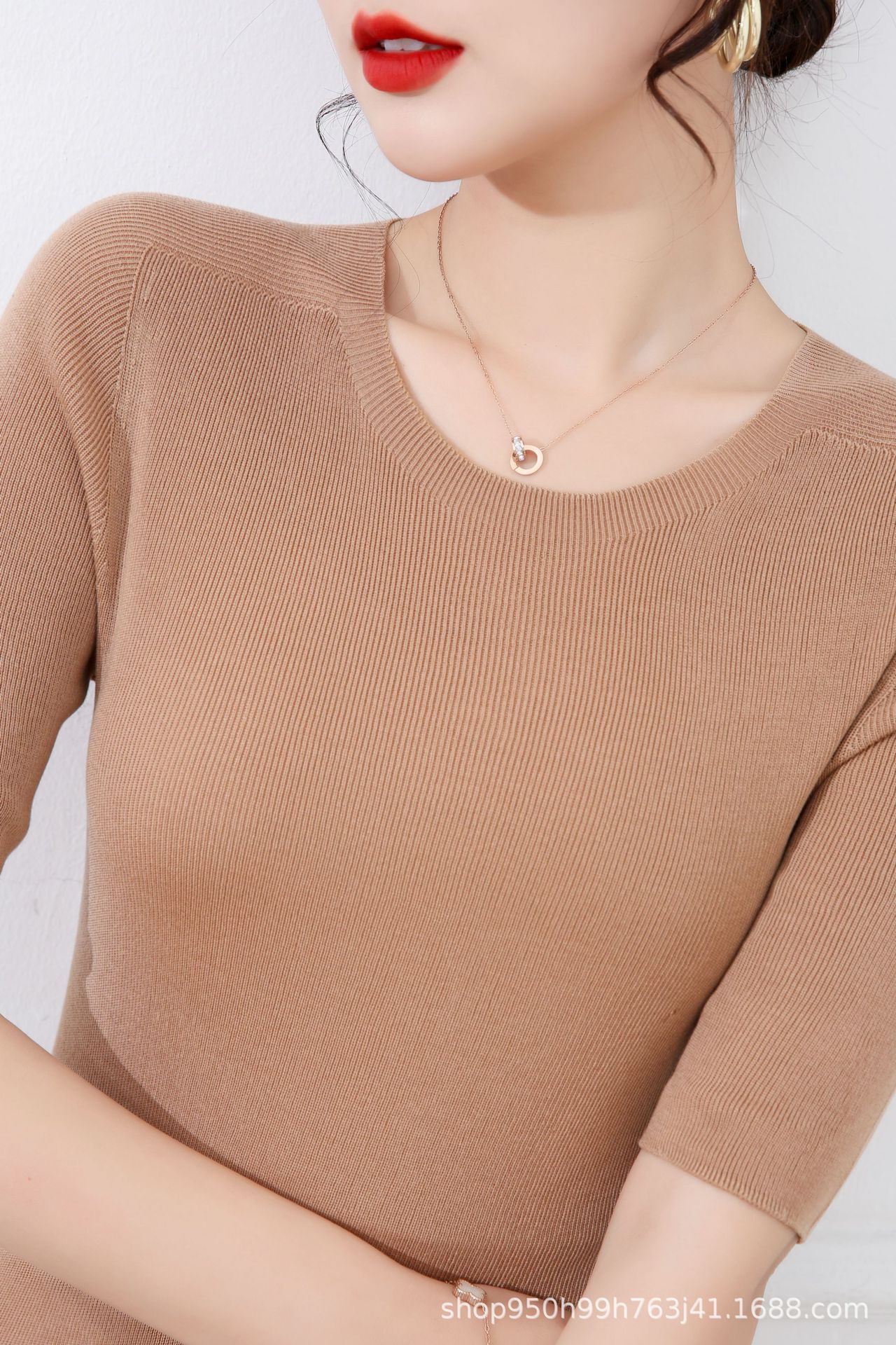 100天丝莱赛尔夏薄款可机洗短袖体恤女圆领套头针织无缝T恤上衣详情3