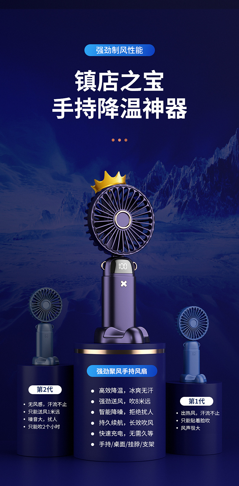 新款宿舍办公数显小风扇手持usb电池充电折叠便携式支架迷你风扇详情16