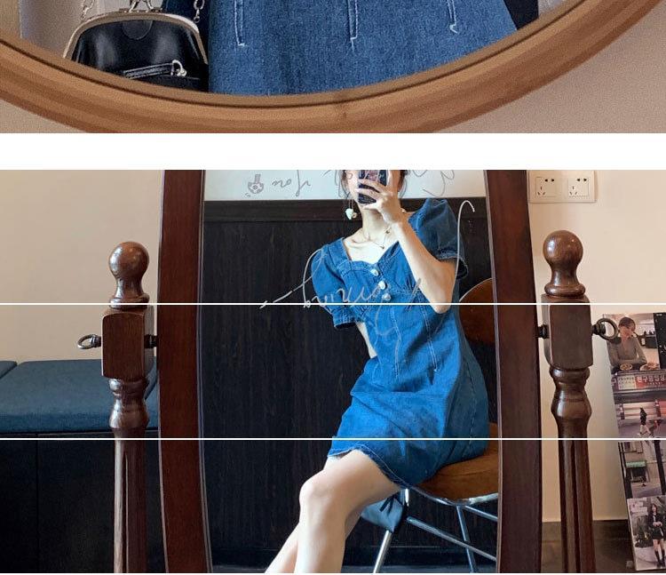 大码可盐可甜法式复古方领高腰牛仔连衣裙夏女小个子微胖甜美短裙详情4