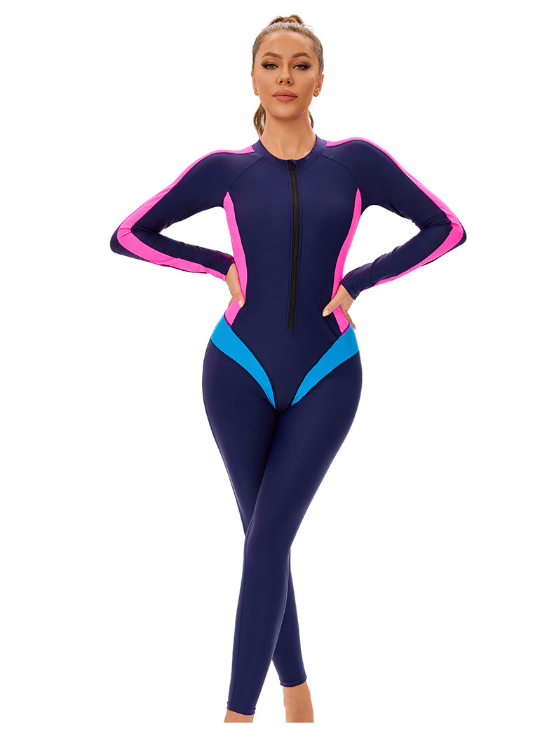New color-block one-piece Muslim swimsuit for women, cross-border long-sleeved and long-sleeved trousers, conservative full-body zip-up swimsuit pic 6