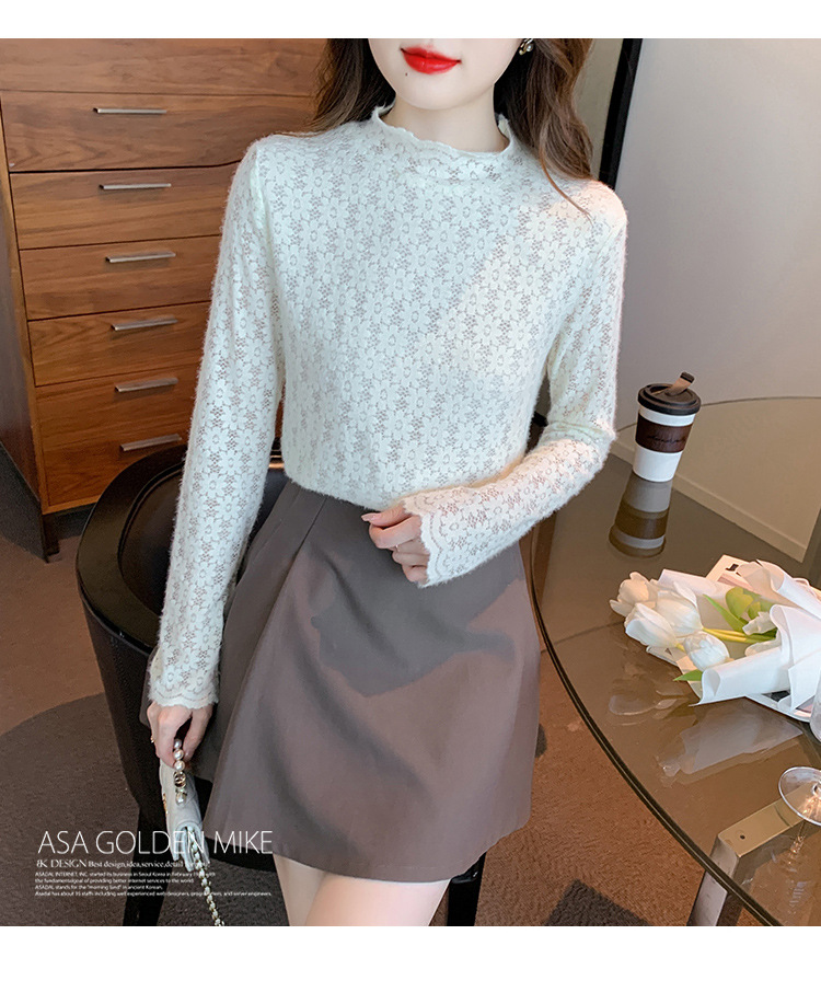 A stylish and youthful 2023 autumn collection, paired with a semi-high-neck top, long-sleeved small stand-up collar, and a youthful lace base layer for women pic 20