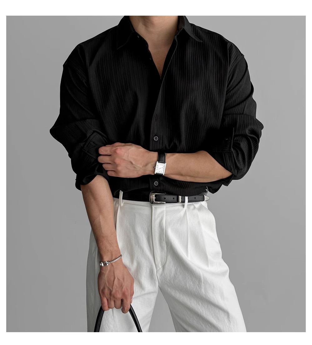Black long-sleeved shirt for men, with a high-end vertical stripe texture, light mature style, inch shirt, versatile, no-iron casual business shirt pic 4
