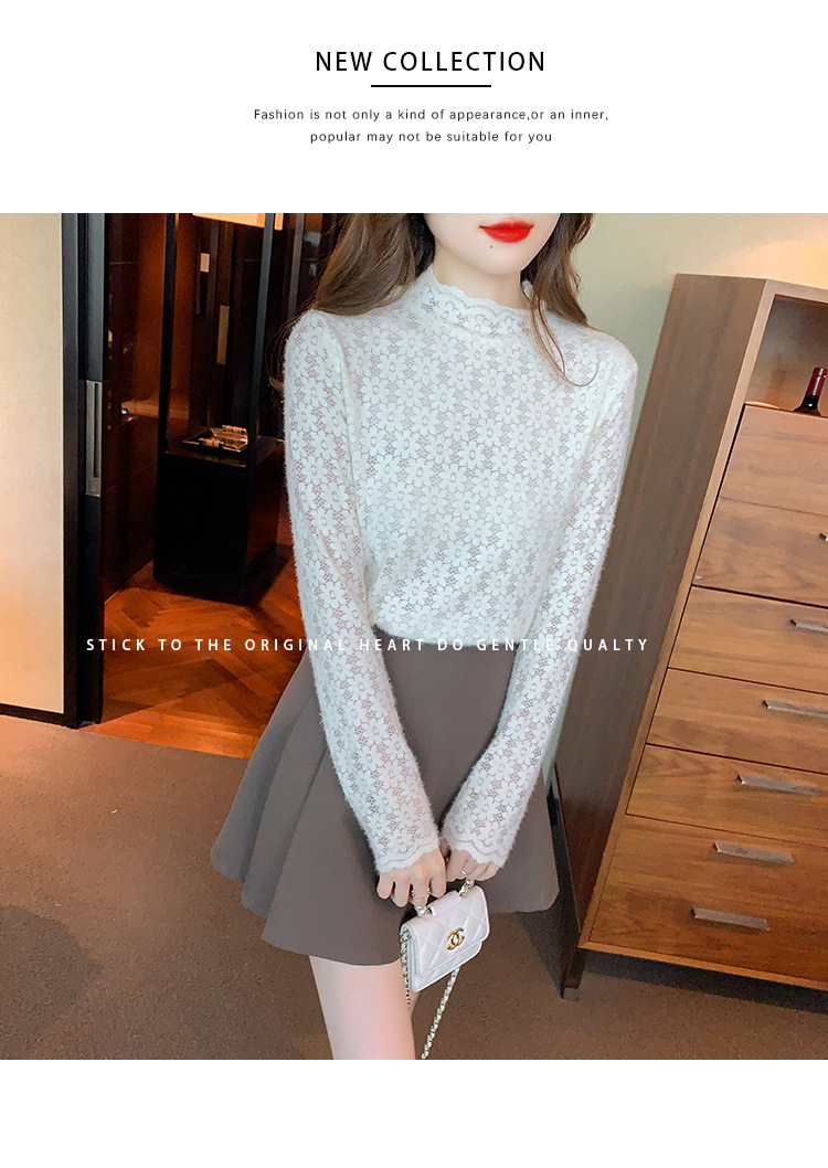 A stylish and youthful 2023 autumn collection, paired with a semi-high-neck top, long-sleeved small stand-up collar, and a youthful lace base layer for women pic 23