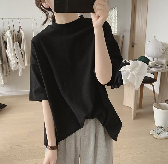 琪镌绘制半高领t恤女式春夏季新款宽松显瘦韩版简约半袖减龄棉质详情29