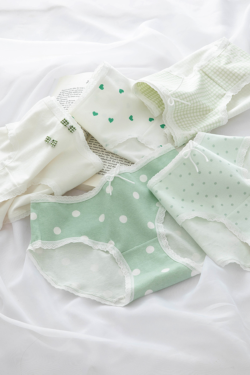 Japanese-style fresh and light polka dot print milkshake green girl underwear for women, pure cotton crotch mid-waist student briefs pic 45