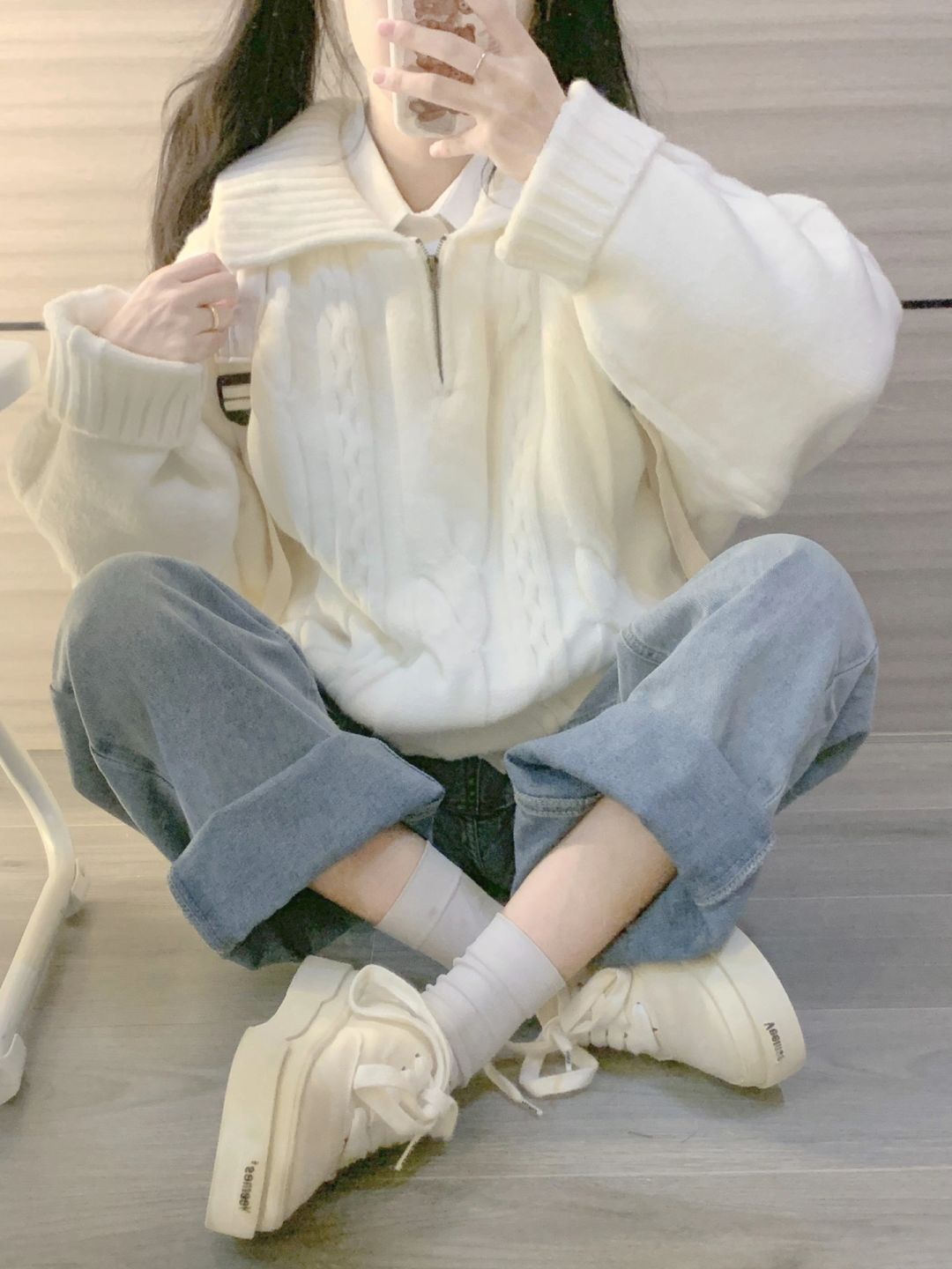 polo领白色毛衣女春秋季2024新款小个子日系慵懒风复古厚外套详情3