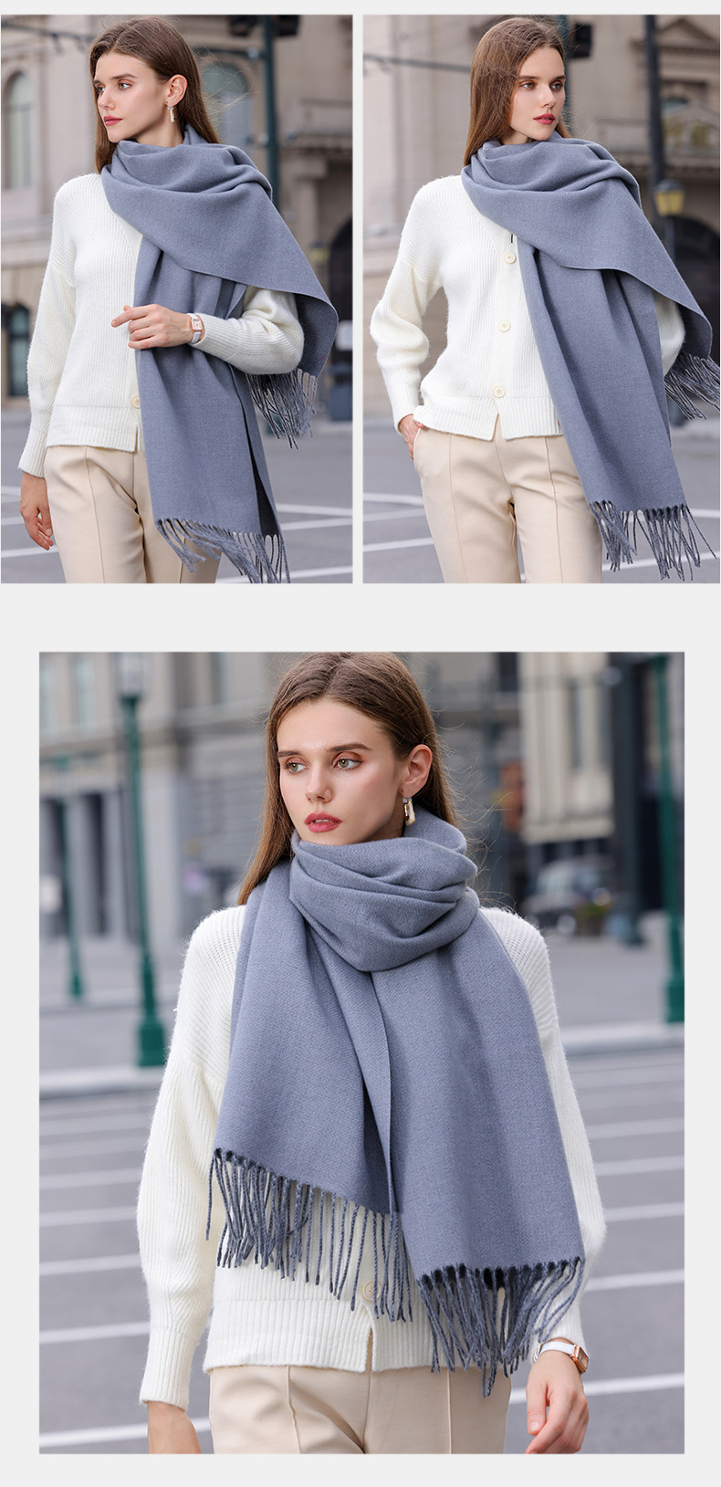 The 2023 new double-sided solid color macaron scarf for women is a bestseller in winter. It is fashionable and warm with faux cashmere tassels. Wholesale pic 22