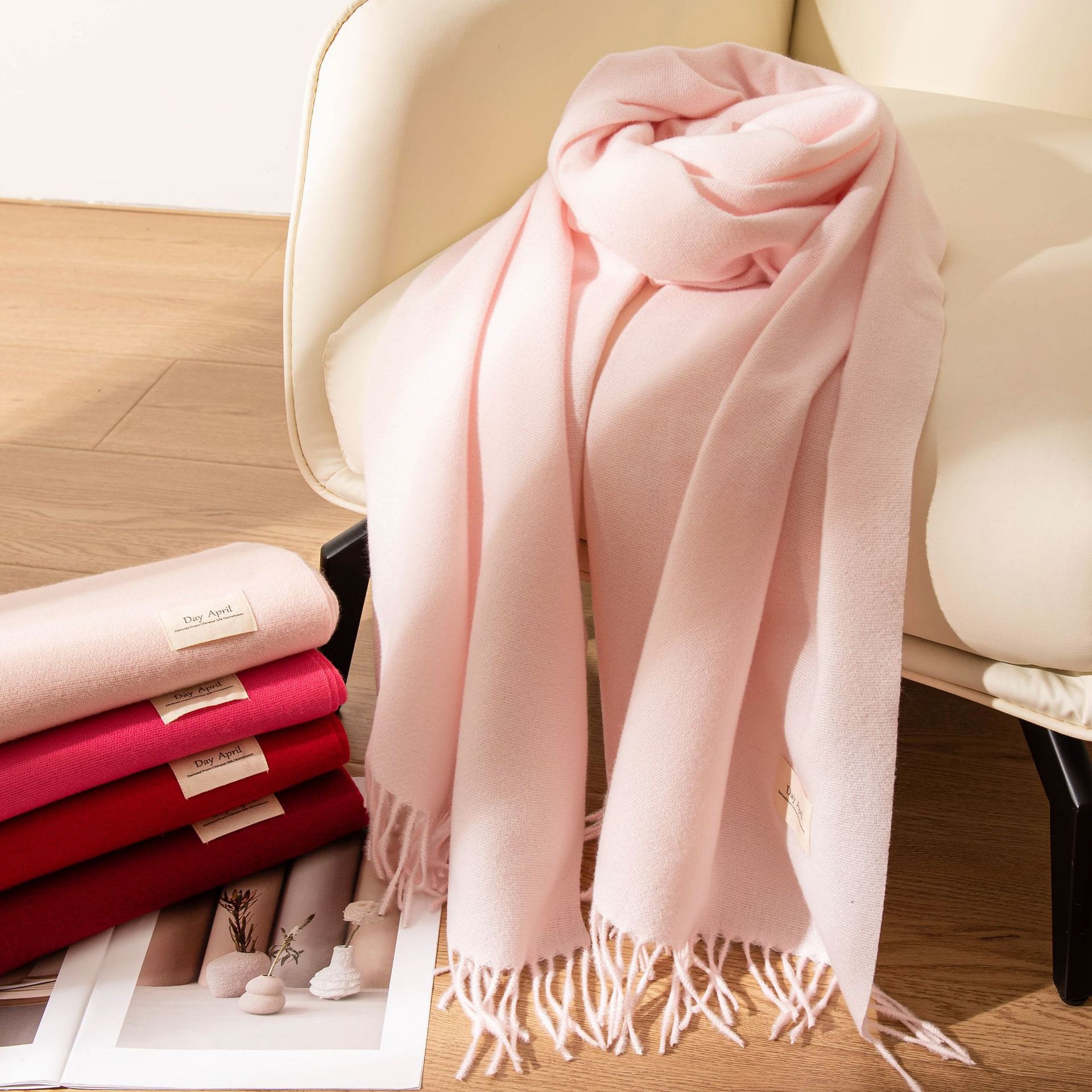 New autumn and winter Ankela red scarf for women, a high-end and versatile faux cashmere scarf in solid color, a warm scarf shawl pic 32