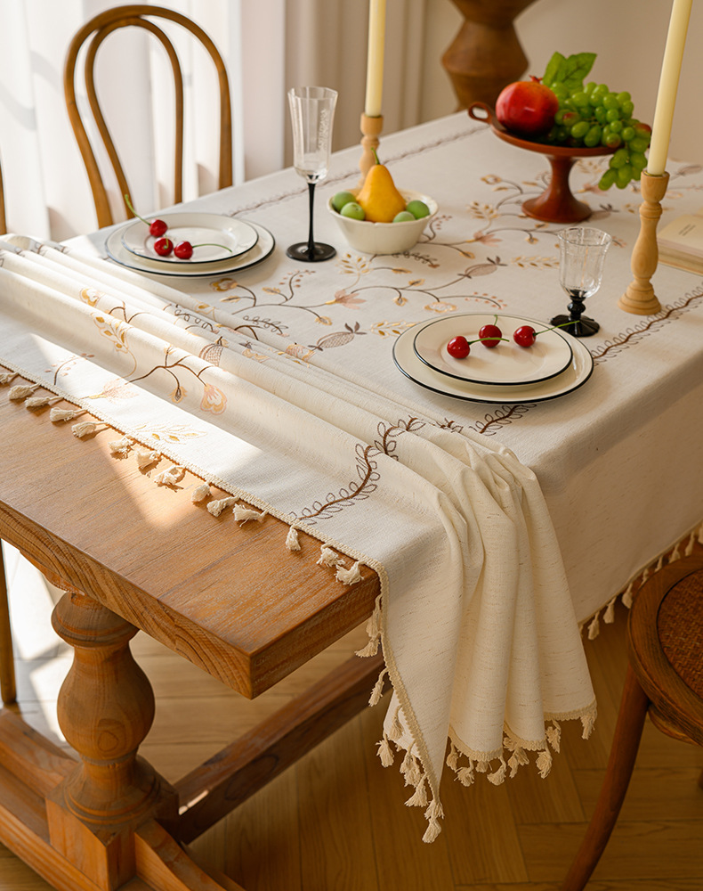 Youzhuo Nordic modern, simple, fashionable, creative, elegant and high-end cotton and linen fabric tablecloths, waterproof embroidered tablecloths, small floral coffee table fabrics, tassel cover fabrics, rectangular tablecloths pic 4