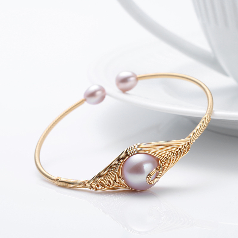 Japanese and Korean style natural freshwater pearl 14K gold-plated open bracelet, single large purple pearl peacock wound bracelet for women pic 3