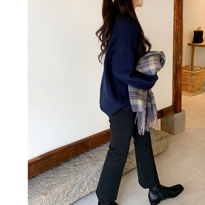 Korean style pink checkered scarf imitating cashmere winter purple scarf 2022 autumn and winter new style widened scarf shawl pic 40