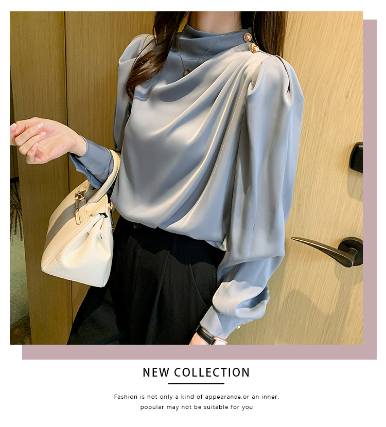 外贸供货2023轻熟气质立领褶皱灯笼袖时尚长袖上衣宽松女士衬衫详情39