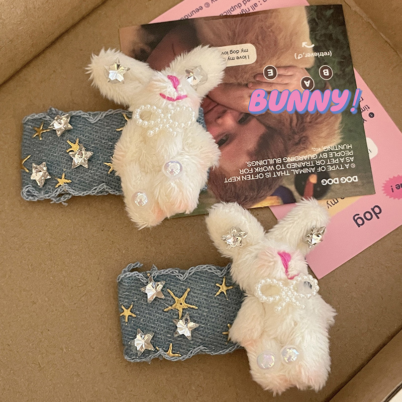 Cute plush rabbit bear denim hair clip, ins high-end colored diamond, sweet, cool, soft and cute girl large hair clip and hair accessory pic 6