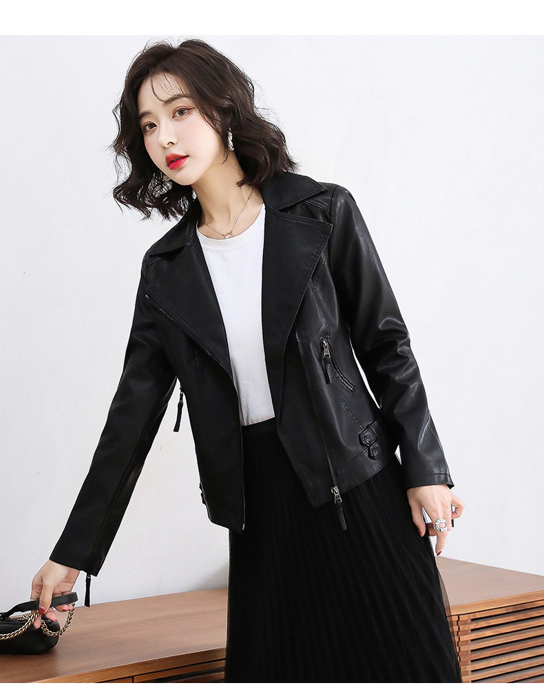 皮衣外套女2022年春秋新款翻领修身短款PU皮夹克拉链休闲上衣详情14