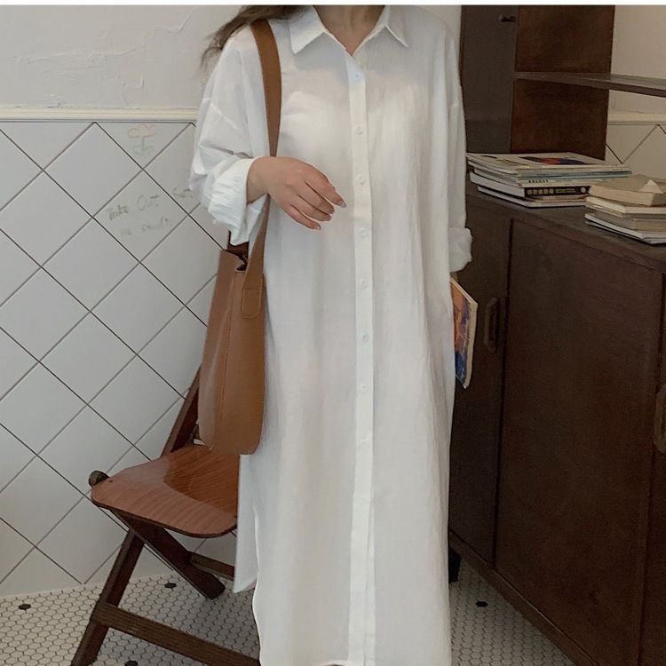 跨境货源女装韩版新品chic连帽宽松长款连衣裙大码休闲衬衣长裙详情14