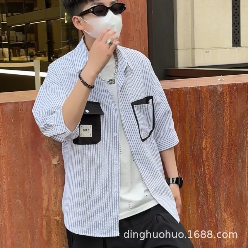 衬衫男士夏季潮流五分袖衬衣男装帅气短袖上衣服薄款七分中袖寸衫详情5