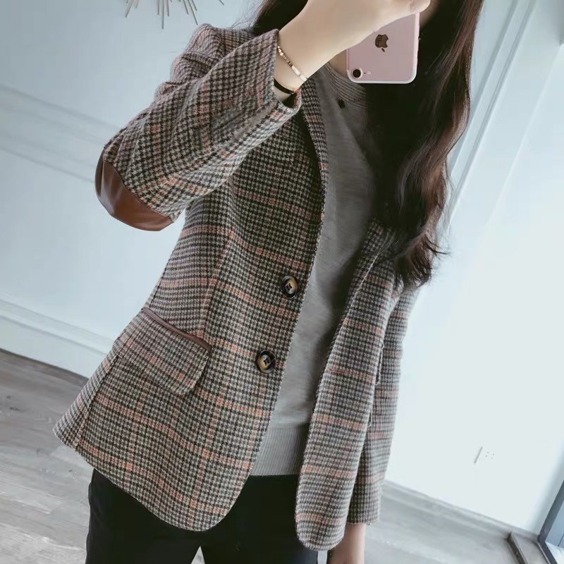 格子西装外套女春秋2022年新款韩版英伦风短款女士毛呢休闲小西服详情1