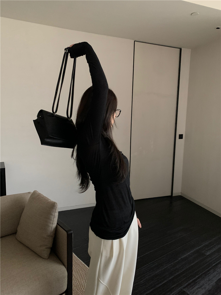 基础款纯色简约百搭舒适慵懒风薄款上衣U领打底衫内搭长袖t恤女详情29