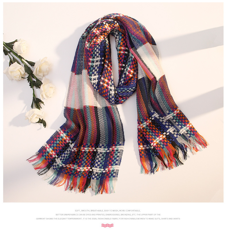 秋冬新款韩版围巾女草编彩条时尚披肩加长加厚保暖田园风围巾详情10