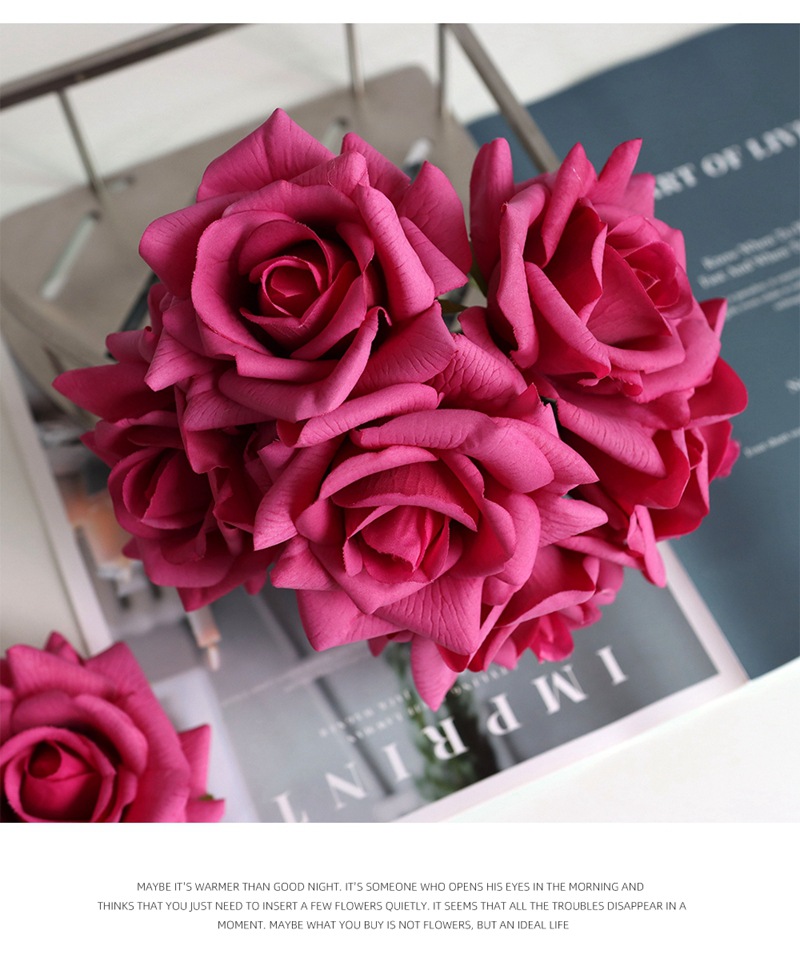 高端保湿手感仿真花5头卷边玫瑰假花束婚庆手捧湿感塑料装饰批发详情11