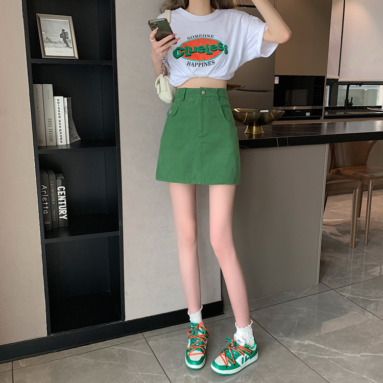 实拍视频小个子绿色半身裙女ins2023秋季新款高腰包臀a字裙短裙子详情3
