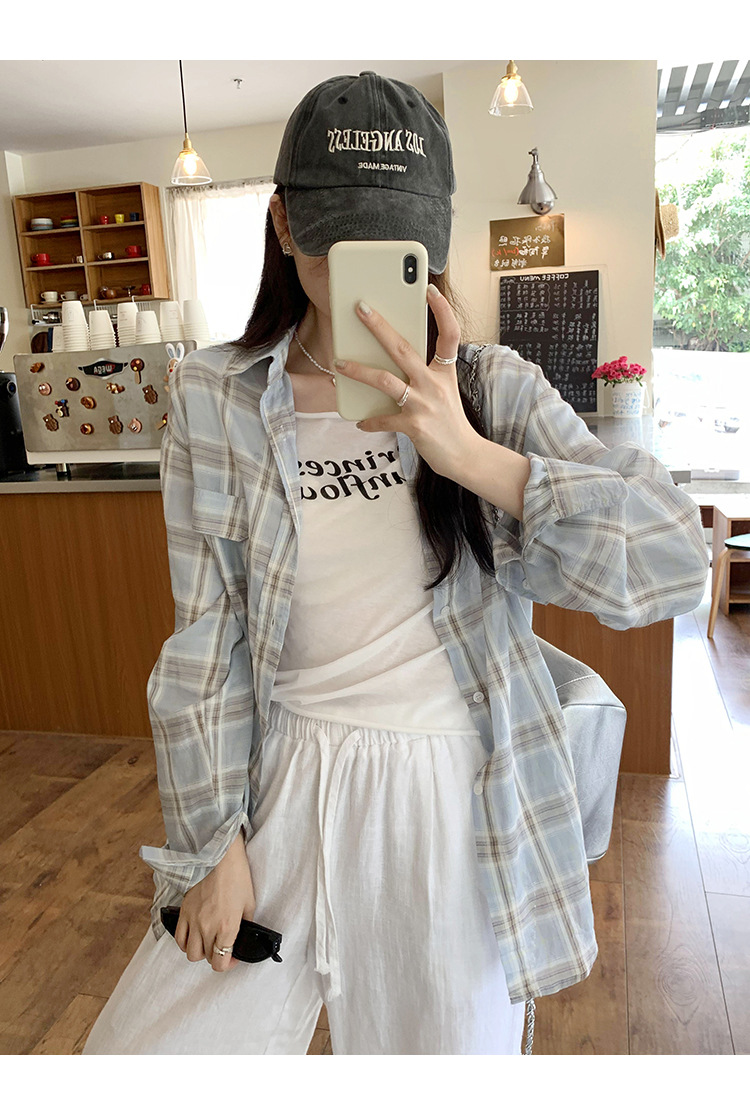 法式设计感小衫蓝色格子防晒衬衫女2024秋季新款女装小清新bm上衣详情9