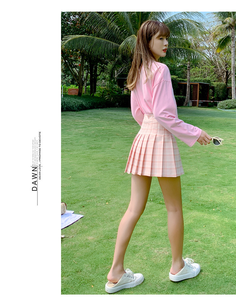 2021 New Korean-style high-waisted, slimming, versatile and anti-glare A-line checkered pleated skirt short skirt for women pic 25