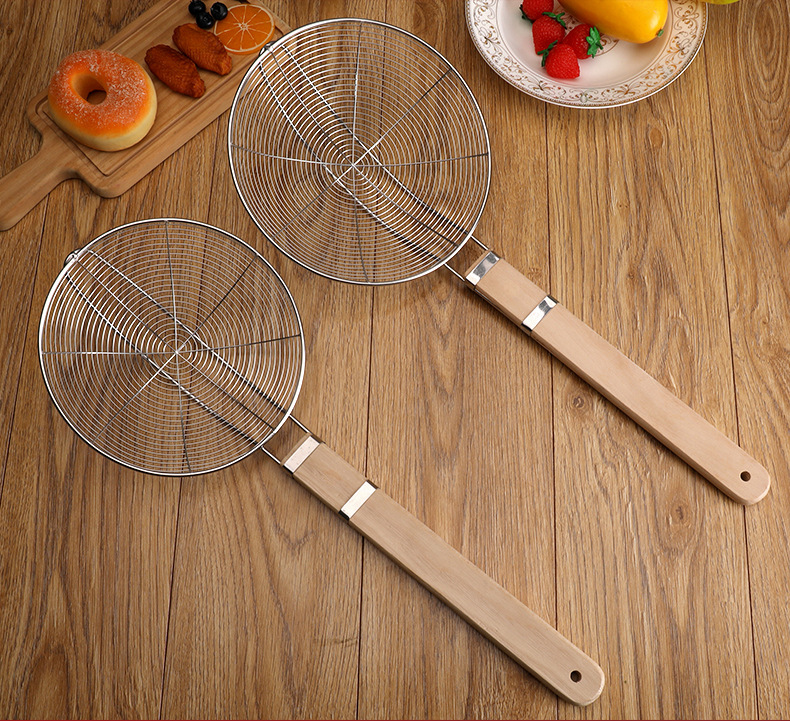 Qiaoyu large wooden handle stainless steel wire strainer, household hot pot ladle wire oil leakage dumpling filter, double-wire strainer, kitchen pic 3