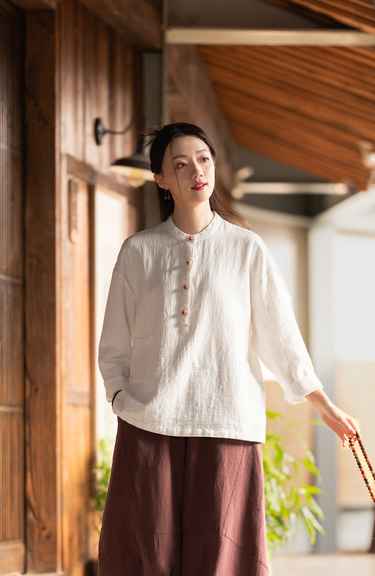 2024春夏棉麻女装新品亚麻立领拼色盘扣套头大码上衣女式棉麻衬衫详情38
