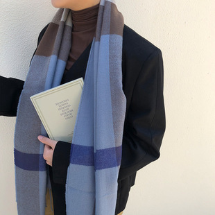 Korean style pink checkered scarf imitating cashmere winter purple scarf 2022 autumn and winter new style widened scarf shawl pic 11