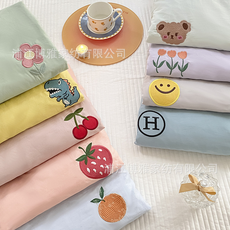 High-quality, simple cartoon ins pure cotton solid color embroidered bed covers, pure cotton mattress protective covers, bedspreads, single item wholesale pic 2