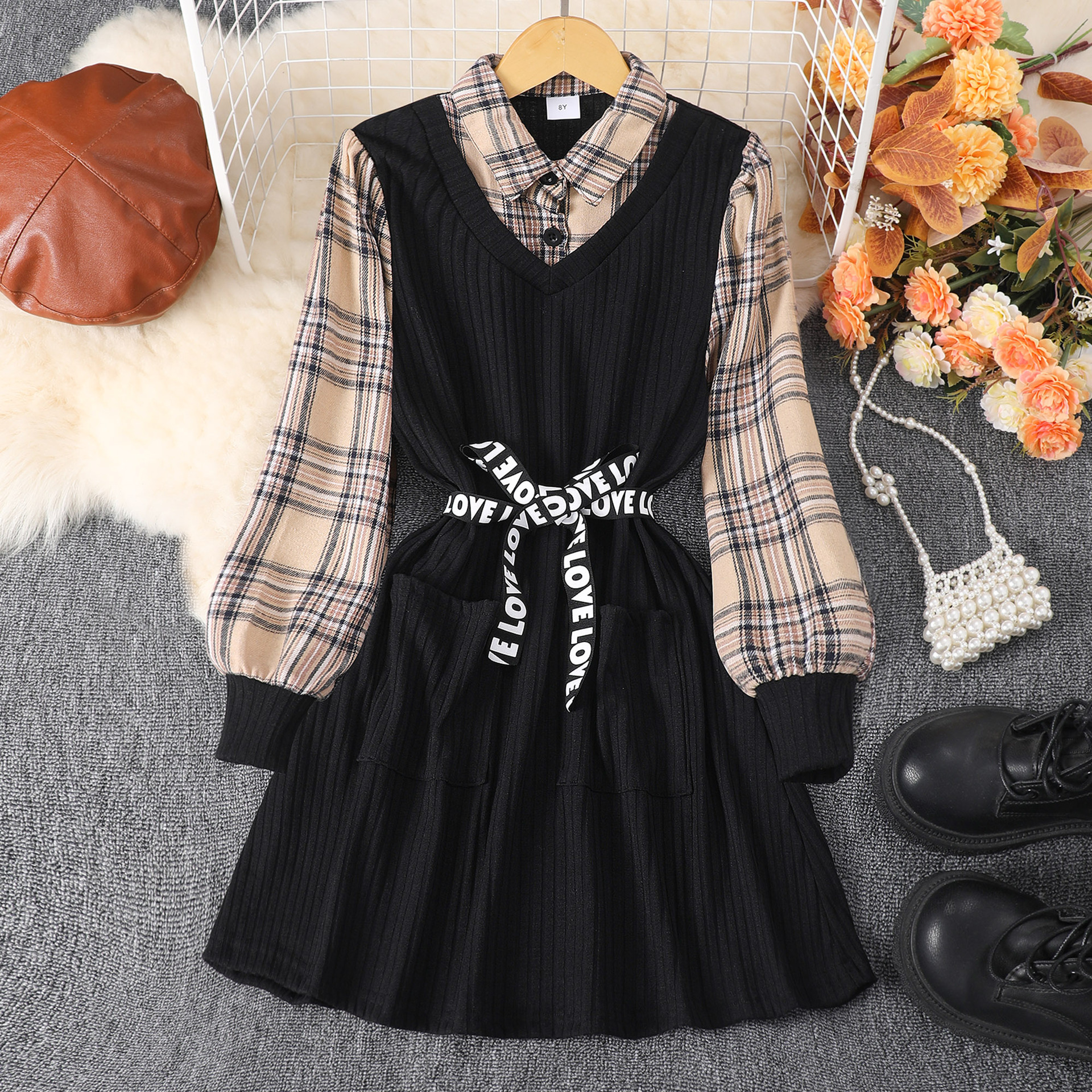 2024新款秋季中大童拼色格子袖黑收腰长裙详情1