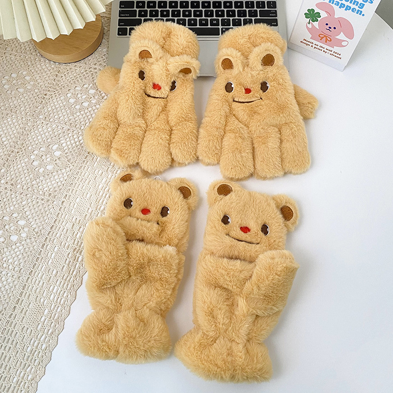手套冬季女可爱卡通黄色小熊毛绒翻盖骑行学生保暖加绒加厚围巾详情4