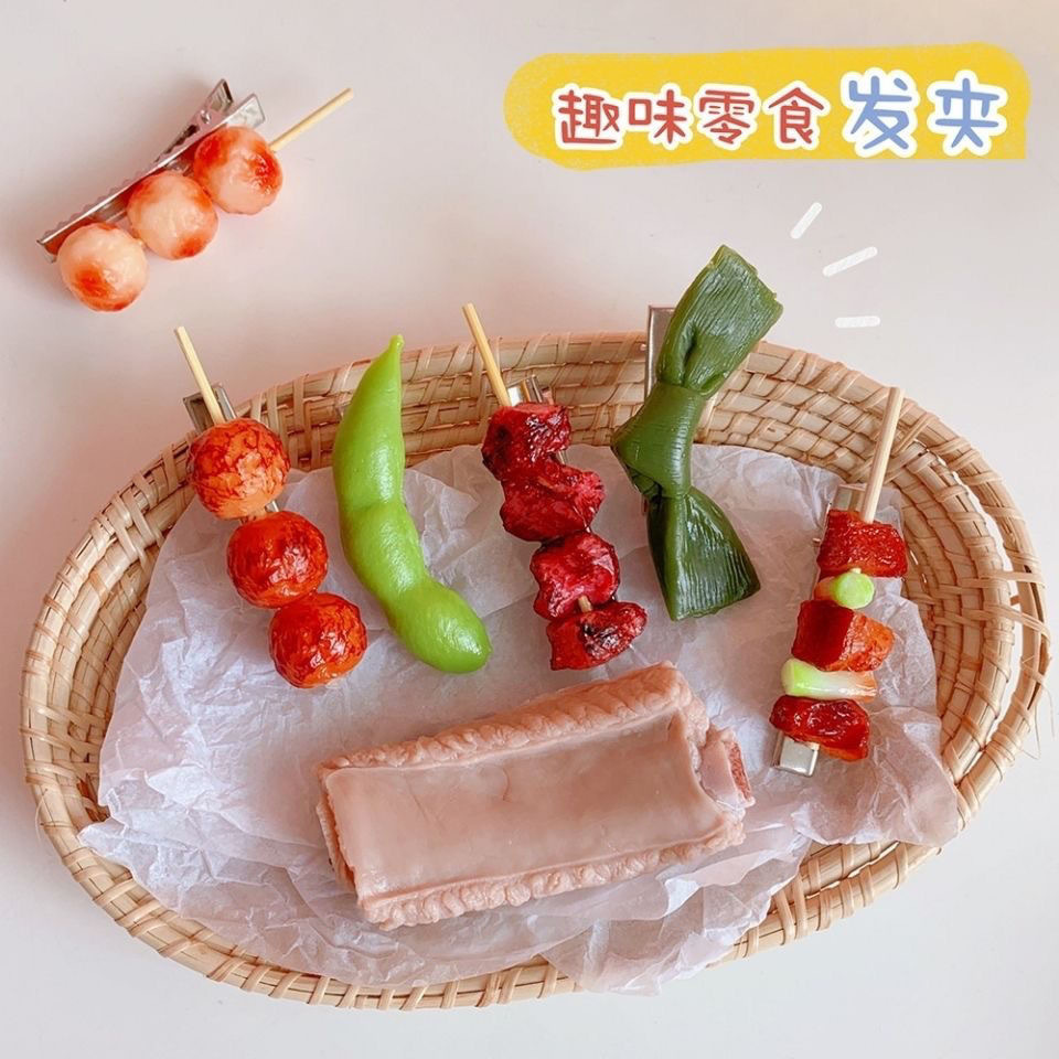 A grilled skewer hair clip ~ Original design of beef skewer side clip, ins simulation food play, fun and funny hair accessory, hairpin for girls pic 4